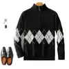 Suéter Masculino de Lã com Gola Alta Meia-Altura, Zíper, Color-Blocking, Tricô Grosso, Casual de Negócios, Caimento Solto, Cores Contrastantes, Camada Base de Caxemira