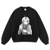Sudadera con estampado de cómic en blanco y negro, lavado desgastado, corte holgado, inspirada en anime, estilo high-street, con capucha, en stock, para exportación