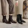 Botines cortos para mujer con aumento de altura interior, hechos de piel de vaca de capa superior, nuevo estilo otoño e invierno, piel genuina, puntera cuadrada, tacón medio, con cremallera trasera, botines cortos ajustados para mujer
