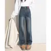 Jeans Retrô Azul Espesso com Forro de Fleece Cintura Alta Feminino Novo Outono e Inverno 2024 Calças Soltas Emagrecedoras com Pernas Largas