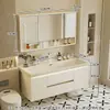 Gabinete de baño con lavabo integrado de piedra chapado en oro de lujo ligero estilo italiano, juego de tocador para baño