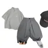 Conjunto de Dos Piezas para Niños Estilo Coreano Verano 2026 Nuevo Gris Calado Cuello Polo Manga Corta Camisa de Punto y Pantalones Casuales para Niños
