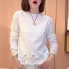 Camiseta Feminina de Renda Spliced Manga Longa Peça Única Dropshipping Nova Cor Pura Top Camisa Base Primavera e Outono 2025