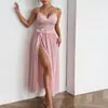 Falda Larga de Malla con Encaje Empalmado Camisola Bata de Noche Novia Luna de Miel Lencería Sexy Tallas Grandes Pijama Transparente Bata de Noche