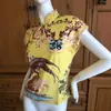 Novo Top Assimetrico Retro Estilo Chinês com Estampa Floral, Manga Curta, Recortes Vazados e Gola Alta, Estilo Cheongsam Modificado com Design de Cintura Ajustada