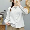 Camisa de otoño para mujer, petite, 100% algodón, lista para usar, a rayas lavadas, corte holgado, estilo artístico, con cuello de solapa y manga larga, efecto adelgazante