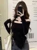 Camiseta de Manga Longa para Mulheres no Outono e Inverno, Design Sexy de Um Ombro que Revela a Clavícula, Gola Halter, Ajustada ao Corpo, Design Único, Top para Usar por Baixo