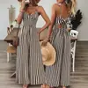 Mono de Amazon Transfronterizo Estilo Europeo y Americano Rayado Cuello en V Lazo en la Espalda Hueco Cintura Alta Pierna Ancha Pantalones de Vacaciones