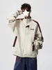 Sudadera con capucha de retazos de bloques de color americano con cremallera y cuello alto para hombre, Otoño Invierno, Holgada, Chaqueta de Béisbol, Cárdigan, Top