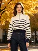 Suéter de Tricô Listrado Feminino com Gola Alta e Zíper Parcial, Casual de Caimento Solto, Pulôver Color Block de Manga Longa, Em Estoque 5536032