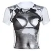 Personalidad europea y americana Calle 2024 primavera y verano Amazon nueva camiseta para mujer impresión corporal 3D ajustada cuello redondo manga corta