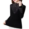 Blusa Feminina Tendência Outono Nova Preta Slim-Fit com Strass, Gola Meia-Alta, Alta Elasticidade, Camiseta Básica Plus Size