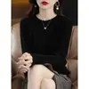 Camiseta base de encaje suave y casual con cuello redondo para mujer, nuevo suéter de punto elegante de otoño e invierno, corte holgado
