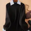 Suéter de punto de manga larga con cuello de camisa empalmado y efecto de dos piezas, corte holgado, estilo vintage y artístico