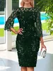 Vestido de Fiesta de Malla con Costuras Brillantes de Manga Siete de Longitud Media para Mujer, Estilo Europeo y Americano, Cuello Redondo