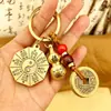 Chaveiro de Cabaça do Zodíaco com Pingente de Tai Chi Bagua de Cinábrio Corda Amarela Moedas dos Cinco Imperadores Unissex Estilo Antigo Ornamento para Pendurar