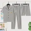 Pijama de Verano para Niños, Cárdigan, Shorts de Manga Corta, Pantalones Largos, Conjunto Bordado de Tres Piezas, Conjunto de Ropa de Casa con Tacto de Algodón Nube, Envío Gratis