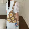Bolsa de Palha Casual Fashion Vazada, Bolsa de Ombro de Grande Capacidade, Estilo Preguiçoso Versátil Estilo Girassol para Férias, Bolsa Tendência de Axila