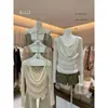 AS OFICIAL Outono Feminina Estilo Francês Alça Perolada com Strass Costurada Gola Drop Falsa Duas Peças Blusa Cintura Marcada 28916