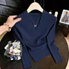 Nuevo Suéter de Punto Delgado Elegante con Cuello en V y Mangas Largas para Mujer, Estilo Coreano Delgado Azul Marino, Adelgazante, Otoño e Invierno 2026