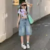 Shorts Jeans de Trabalho Azul Claro Estilo Americano com Pernas Largas para Mulheres, Novo de Verão Versátil Solto Emagrecedor Retro de Comprimento Médio para Mulheres
