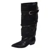 Botas femininas de bico fino, estilo europeu e americano, novas, de comprimento médio, com design plissado, 2026, de cano alto, salto grosso