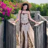 Vestido Longo Boêmio Vintage Floral Sem Alças para Mulheres, Vestido de Praia de Malha Patchwork para Férias de Verão na Praia