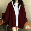 Moletom cardigã com zíper e forro de fleece, espessado para outono e inverno, jaqueta com capuz para mulheres, estilo novo, adequado para estudantes, tamanho grande, modelagem solta, peça versátil, moderna