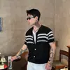 Cardigan de malha jacquard com padrão Fair Isle de manga curta para homens, jaqueta T-shirt de meia manga estilo relaxado old money de verão