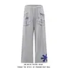 Pantalones de chándal grises estilo retro americano con estampado de bolsillo, unisex, corte holgado, versátiles pantalones casuales de pierna ancha, modernos para parejas