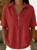 2026 Verano Nuevo Estilo Amazon Wish Comercio Exterior Transfronterizo Camisa para Mujer Moda Color Puro Cremallera Manga Corta Camiseta para Mujer