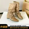 Versión de cuero genuino~Botas vintage de punta con pliegues y tacón de bloque para mujer, botas altas hasta la rodilla con aumento interno de altura, botas de montar de caña alta adelgazantes
