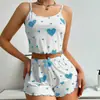 Conjunto de Pijama Transfronteiriço, Roupa de Casa Feminina, Alças com Estampa de Coração, Conjunto Dividido de Pijama para Casa Desgastável Casual