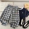 Calça Comprida Infantil 2026 Nova Coleção de Primavera Meninos e Meninas Calça Xadrez Bordada Anti-Mosquito Calça Casual Listrada para Bebê