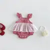 Novo Macacão Romper Sweet Plaid com Alças e Mangas Bufantes para Bebês Meninas, Apresentando Patchwork de Malha com Bolinhas para o Verão