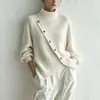 Tricô casual europeu e americano, gola alta, fecho de botões diagonal, estilo pullover, suéter de caimento solto, peça lisa, top de manga comprida, vestuário feminino transfronteiriço