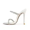 Nuevos zapatos de fiesta de satén de comercio exterior para mujer, sandalias de verano sin cordones con puntera abierta y tacones finos, sandalias sexy de tacón ultra alto con pedrería