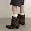 Primer Encuentro Ji Retro Color Sólido Hebilla de Cuero Plegado Correa Botas Vaqueras para Mujer Punta Fina Tacón Grueso Versátil Caña Apilada