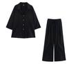 Ropa Europea y Americana Transfronteriza Aliexpress Popular Lino Manga Larga Cuello en V Camisa Casual + Lino Cintura Media Pierna Ancha