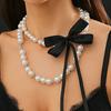 Colar de pérolas artificiais estilo europeu e americano estilo francês retrô colar de contas elegante colar com laço de fita estilo Chanel