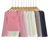 Camiseta Básica de Manga Larga para Mujer, Color Sólido, Elástica, Cuello en U Sexy, Bolsillo, Ajustada, Define la Cintura, para Otoño