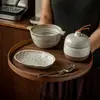 Juego de vajilla de cerámica rústica vintage para una persona, que incluye cuenco de sopa de cerámica con dos asas, olla de estofado, plato pequeño y cuenco para fideos para uso doméstico/comercial