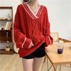 Suéter Grueso de Bloques de Color con Cuello en V para Mujer Otoño e Invierno 2026 Estilo Universitario Versión Coreana Holgado Retro Cardigan de Punto Trenzado para Estudiantes
