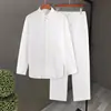 Conjunto de Duas Peças Listrado Masculino Leve Estilo Casual 2025 Primavera e Outono Novo Camisa de Manga Longa Branco