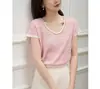 Suéter de Punto de Seda Helada de Manga Corta en Bloques de Color Verano Moda Femenina Elegante Adelgazante Camisa Base Chic Estilo Occidental Holgado
