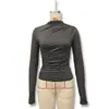 Outono e Inverno 2024 Moda Casual Slim Plissada Gola Alta Manga Longa Cor Sólida Tops e Camisetas Femininos Europeus e Americanos Transfronteiriços