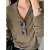 Suéter de Punto de Manga Larga Color Marrón Té con Cuello de Canalé Estilo Old Money para Mujer, Otoño, Impresionante y Holgado Adelgazante