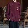 Camisa de Hombre Nueva Estilo Chino con Cuello Diagonal Abotonada y Bordado de Hoja de Bambú, Top de Pana de Manga Larga, Camisa Casual Vintage de Estilo Nacional