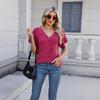 2025 Primavera Transfronterizo Europeo y Americano Nuevos Productos Amazon TEMU Explosiones Camiseta Holgada Casual de Color Sólido con Cuello en V para Mujer Manga Corta
