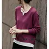 Suéter de punto casual para mujer, estilo dos piezas falsas, cuello en V, corte holgado, adelgazante, rejuvenecedor, jersey casual, top elegante de otoño